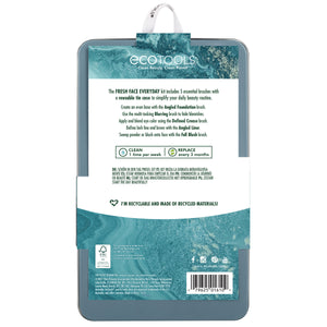 Fresh face makeup brush kit in teal case, back view with product details