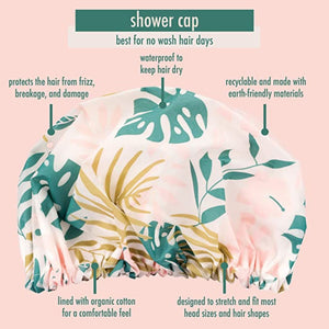 Pink and green tropical leaf shower cap with elastic ruffle hem and fitted crown