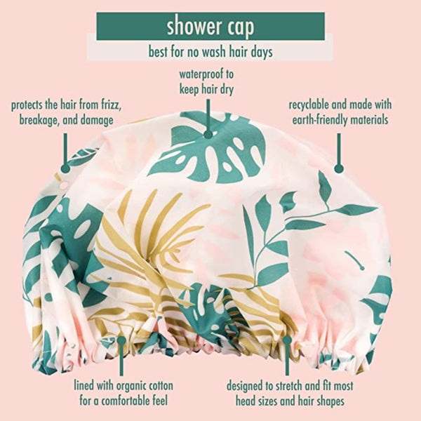 Pink and green tropical leaf shower cap with elastic ruffle hem and fitted crown