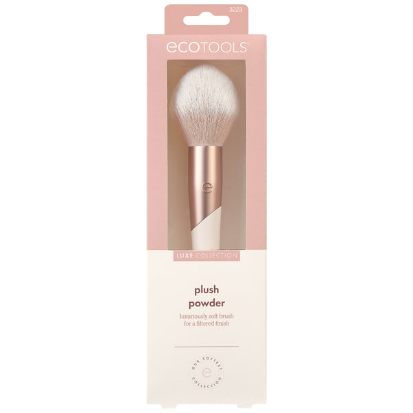 ecotools Luxe Collection plush powder makeup brush in retail box, soft white bristles