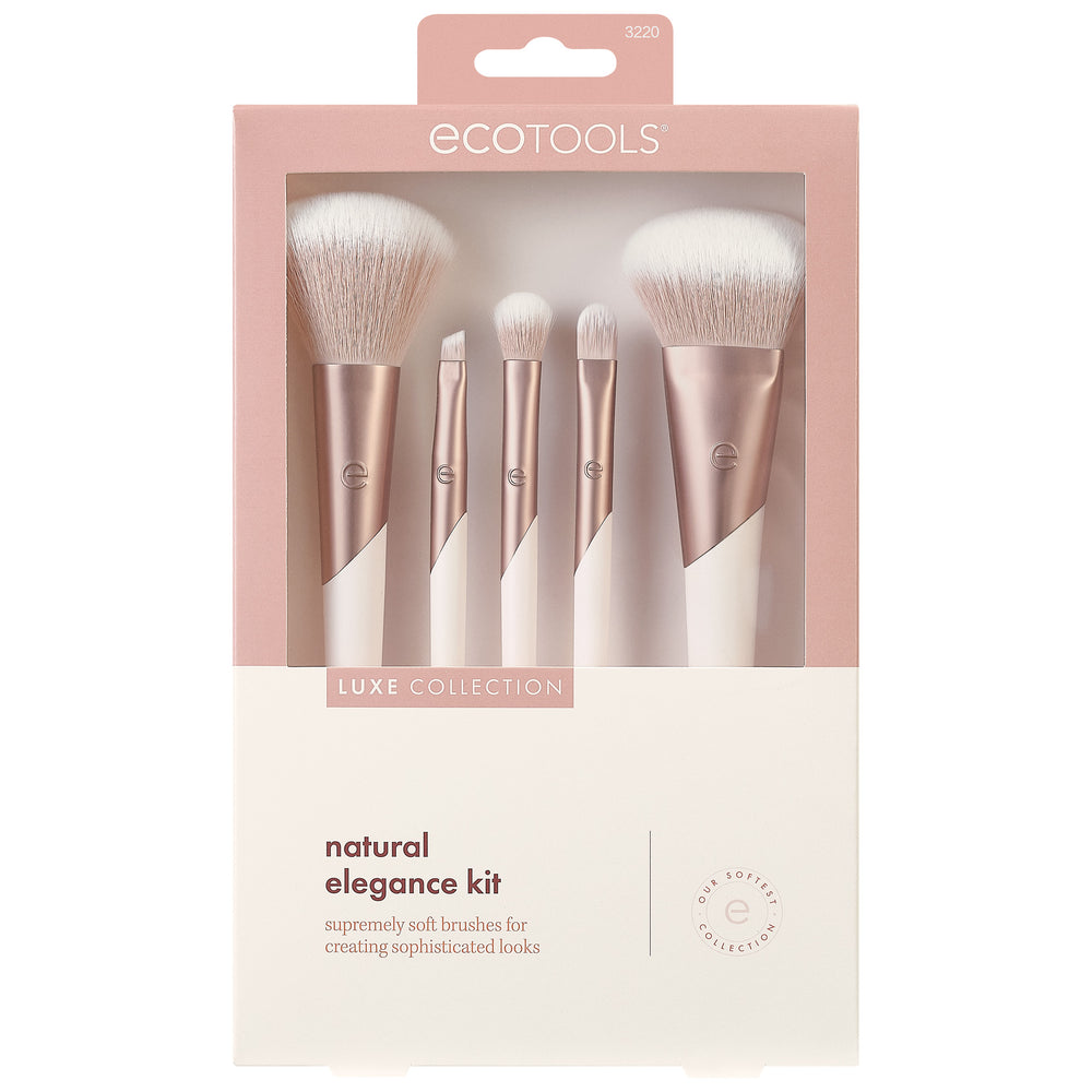 Makeup brush set with white shafts, rose-gold ferrules, and light bristle heads (5 pcs)