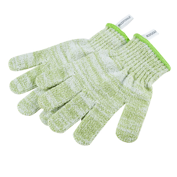 Green exfoliating bath and shower gloves, stretchy knit scrub palms