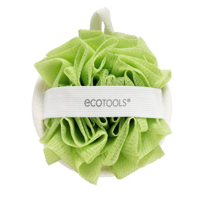 Green dual-sided cleansing pad with white loop handle, exfoliating loofah texture