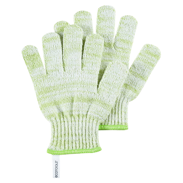 Green knit exfoliating glove with ribbed cuff and textured scrubbing palm