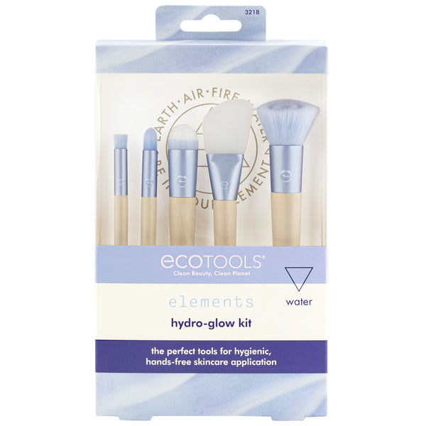 Hydro-glow skincare brush kit packaging with five blue-handled brushes visible.