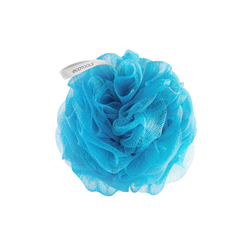 Blue recycled EcoPouf with rosette-style sponge texture and attached hanging tab