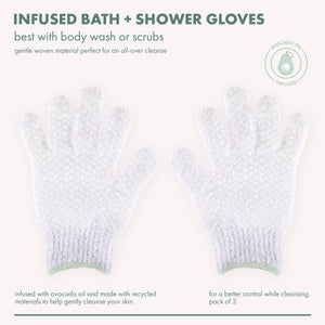 Avocado oil infused bath shower gloves, two white textured gloves with green trim cuffs.