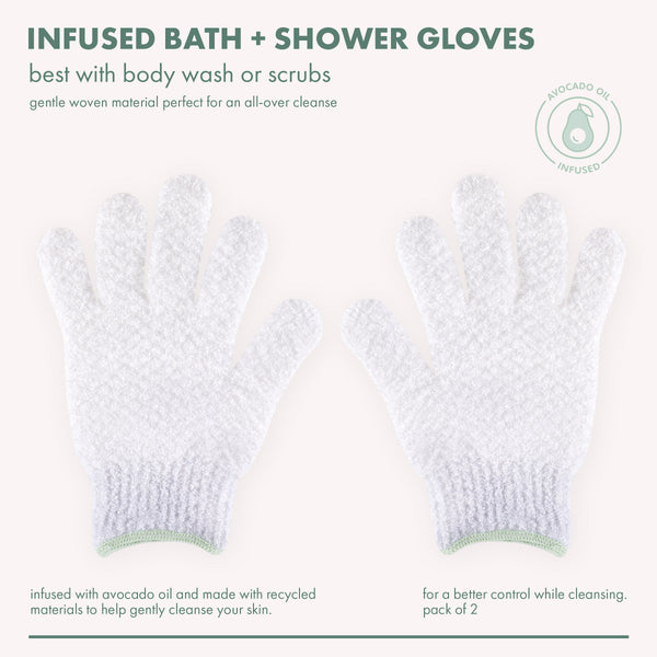 Avocado oil infused bath shower gloves, two white textured gloves with green trim cuffs.