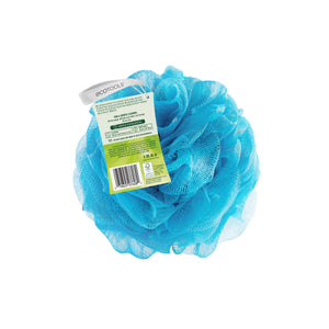 Blue recycled EcoPouf rosette sponge with barcode and info label on top