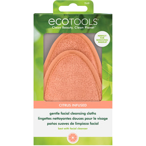 Citrus-infused gentle facial cleansing cloths in retail package, orange teardrop cloth