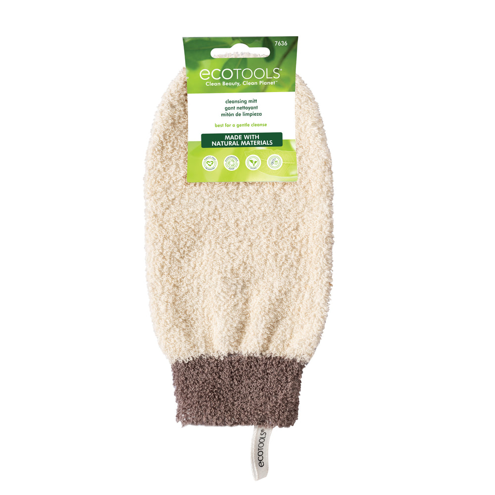 Grey bath & shower mitt with textured exfoliating fabric and dark cuff
