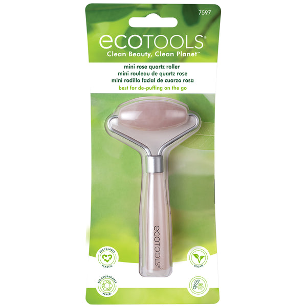 ECOTOOLS mini rose quartz roller in retail blister packaging with green backing.